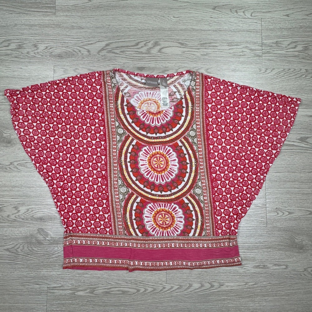Chico's Women's Top‎ Size 1 Red Pink Mandala Geometric Print Dolman Sleeve Rayon